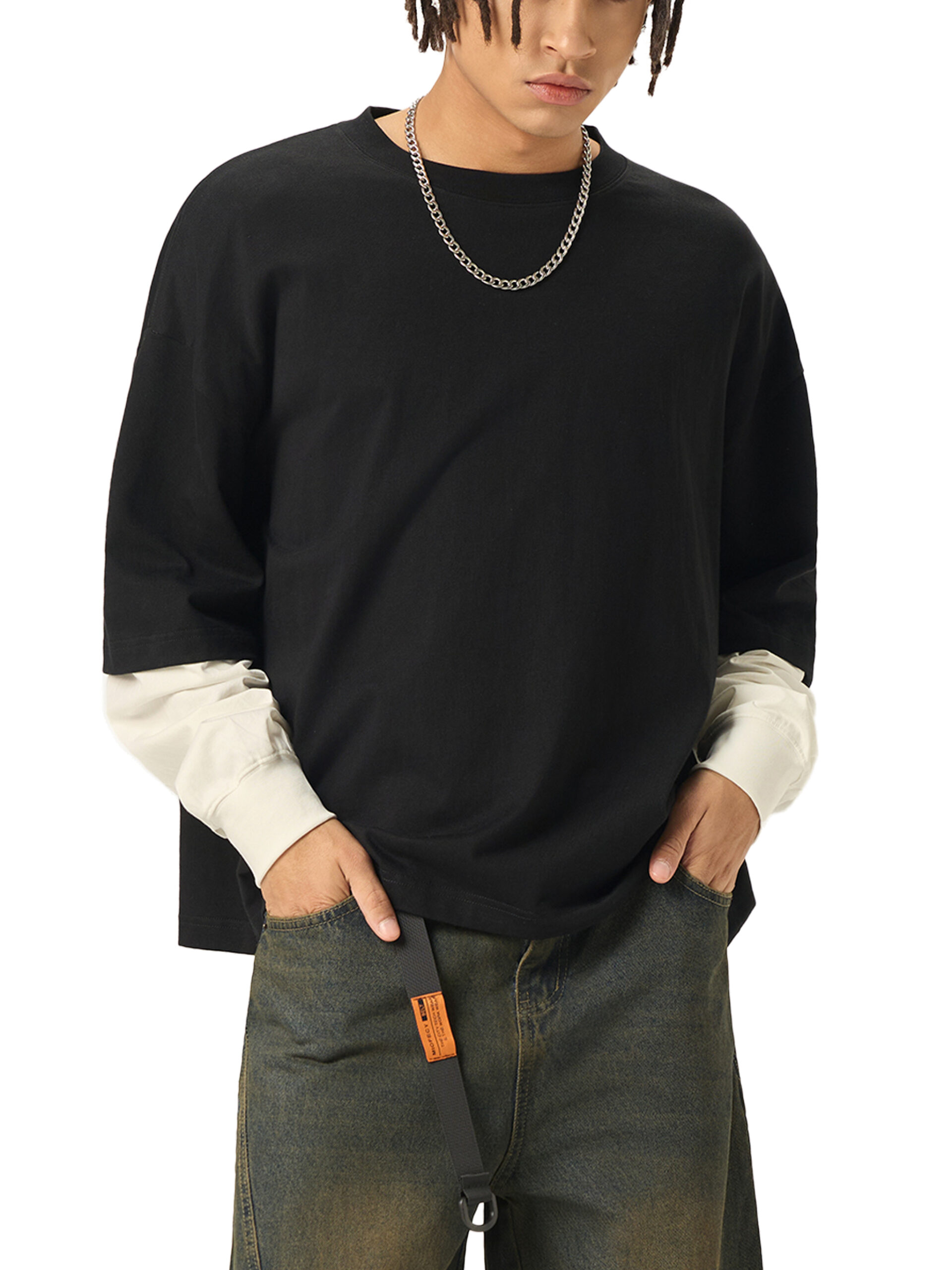 Layered Contrast Sleeve Cotton T-Shirt - Image 2